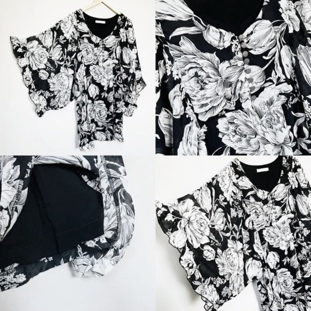 MINKPINK Women's Black Floral V Neck Flutter Kimono Ruffle Sleeves Mini Dress 10 - Picture 11 of 14